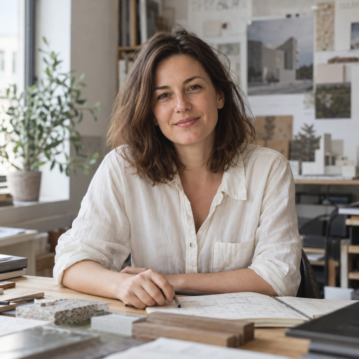 Architektka w jasnej koszuli w nowoczesnej pracowni — portret ilustracyjny